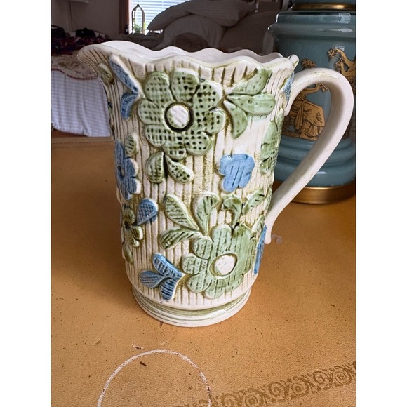 Vintage Inarco Japan E-3846 Ceramic Pitcher Vase – Raised Floral Design Blue Gre - Picture 1 of 5
